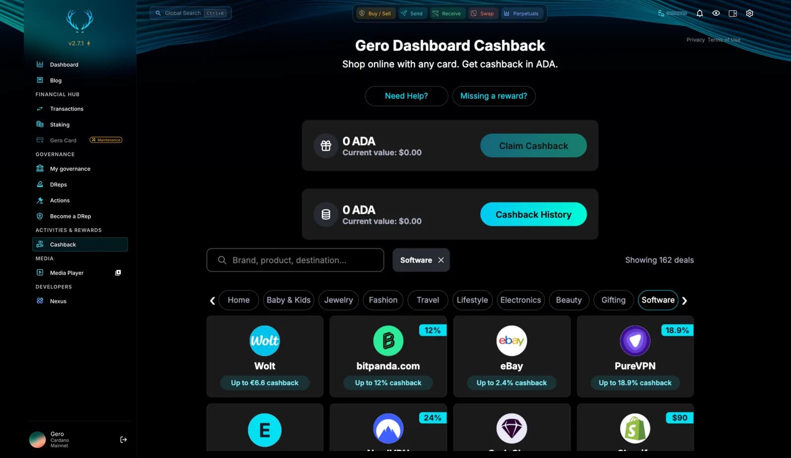 Gero Dashboard 2.7.1 with the Cashback tab open: claimable ADA with a Claim Cashback button, Cashback History, search, category filters and a grid of retailer deals such as Wolt, bitpanda, eBay and NordVPN, each showing the cashback it pays