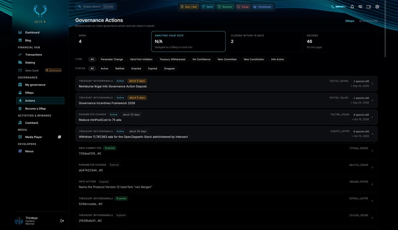 Governance actions list in Gero Dashboard 2.7.1 with open, awaiting your vote, closing and decided counts and filters by action type and status