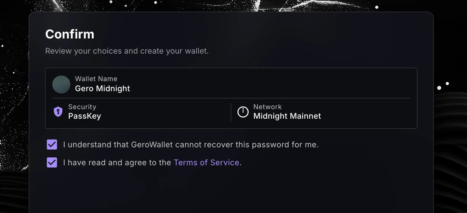 Creating a Midnight wallet in Gero Dashboard 2.7.1: the confirmation step with the wallet name Gero Midnight, security set to PassKey and the network set to Midnight Mainnet