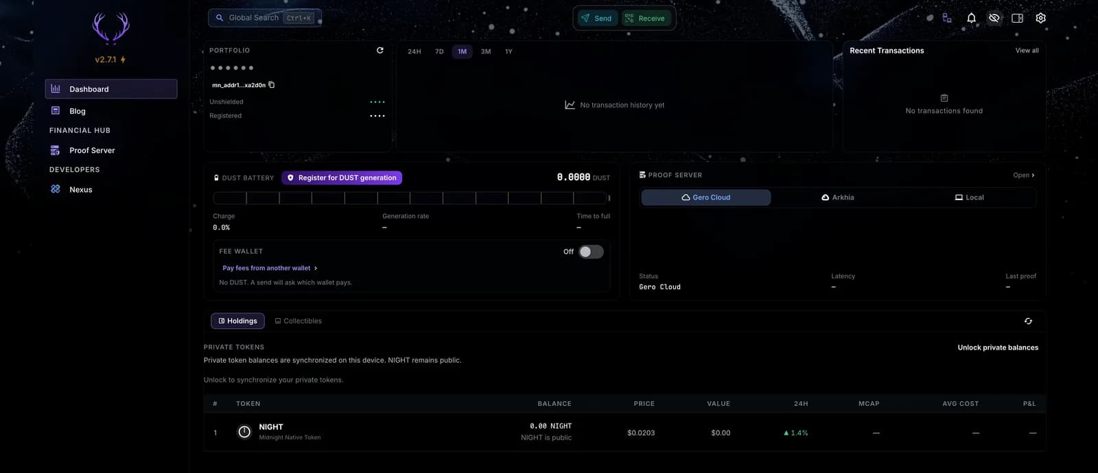 Midnight wallet dashboard in Gero Dashboard 2.7.1 on mainnet: the DUST battery with charge, generation rate and time to full, the Register for DUST generation button, the proof server switch between Gero Cloud, Arkhia and Local, and the NIGHT holdings row