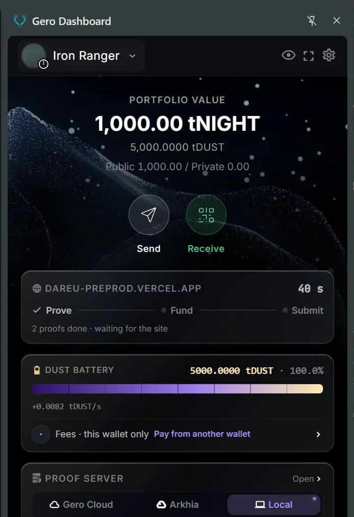 Mini Gero side panel on Midnight preprod: a dApp session card with Prove done, Fund and Submit pending, the DUST battery at 100 percent with the generation rate, pay fees from another wallet, and the proof server picker with Local connected