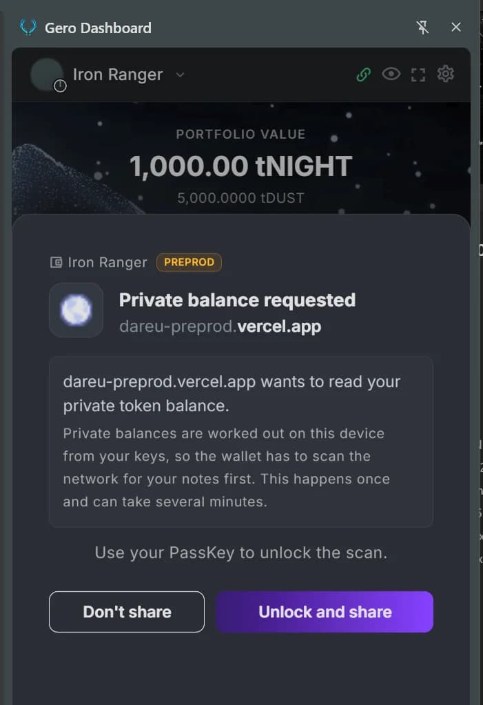 Mini Gero side panel on Midnight preprod: a private balance request from a dApp, explaining the one-time note scan, with Don't share and Unlock and share buttons