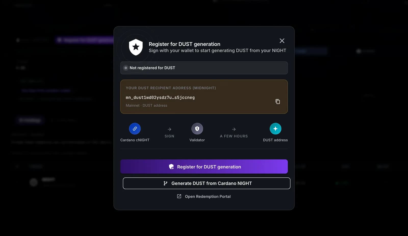 Register for DUST generation dialog in Gero Dashboard 2.7.1 on Midnight mainnet: your DUST recipient address, the four steps from Cardano cNIGHT through signing and the validator to a DUST address, and the Register and Generate DUST from Cardano NIGHT buttons
