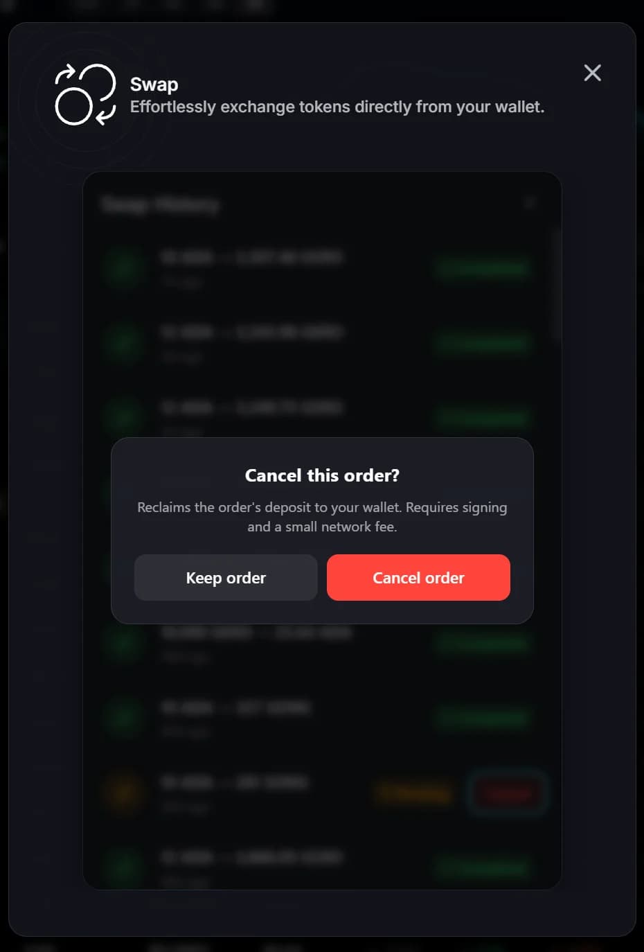Swap history in Gero Dashboard 2.7.1 with the Cancel this order dialog open: reclaims the order deposit to your wallet, requires signing and a small network fee, with Keep order and Cancel order buttons