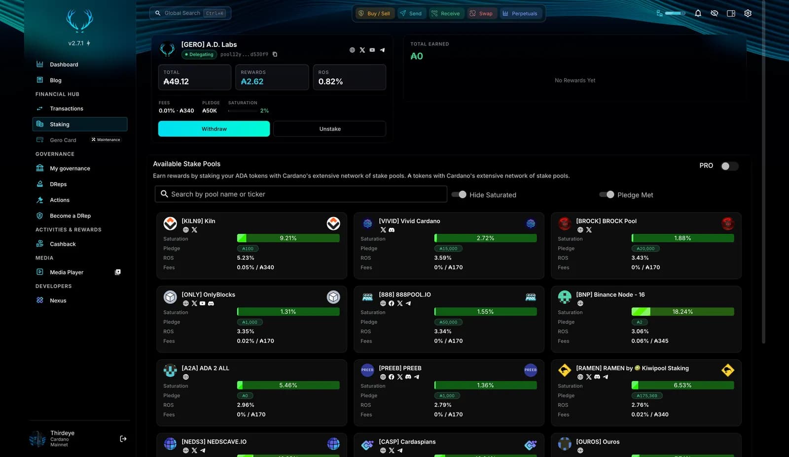 Staking page in Gero Dashboard 2.7.1 with the delegation card and the list of available stake pools