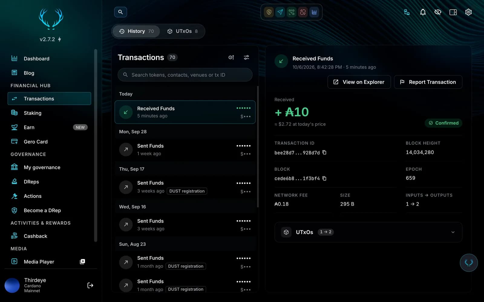 Transaction history in Gero Dashboard 2.7.2 grouped by day with DUST registration tags, next to the details of a 10 ADA Received Funds transaction with its value at today's price, transaction ID, block, epoch, network fee and UTxOs