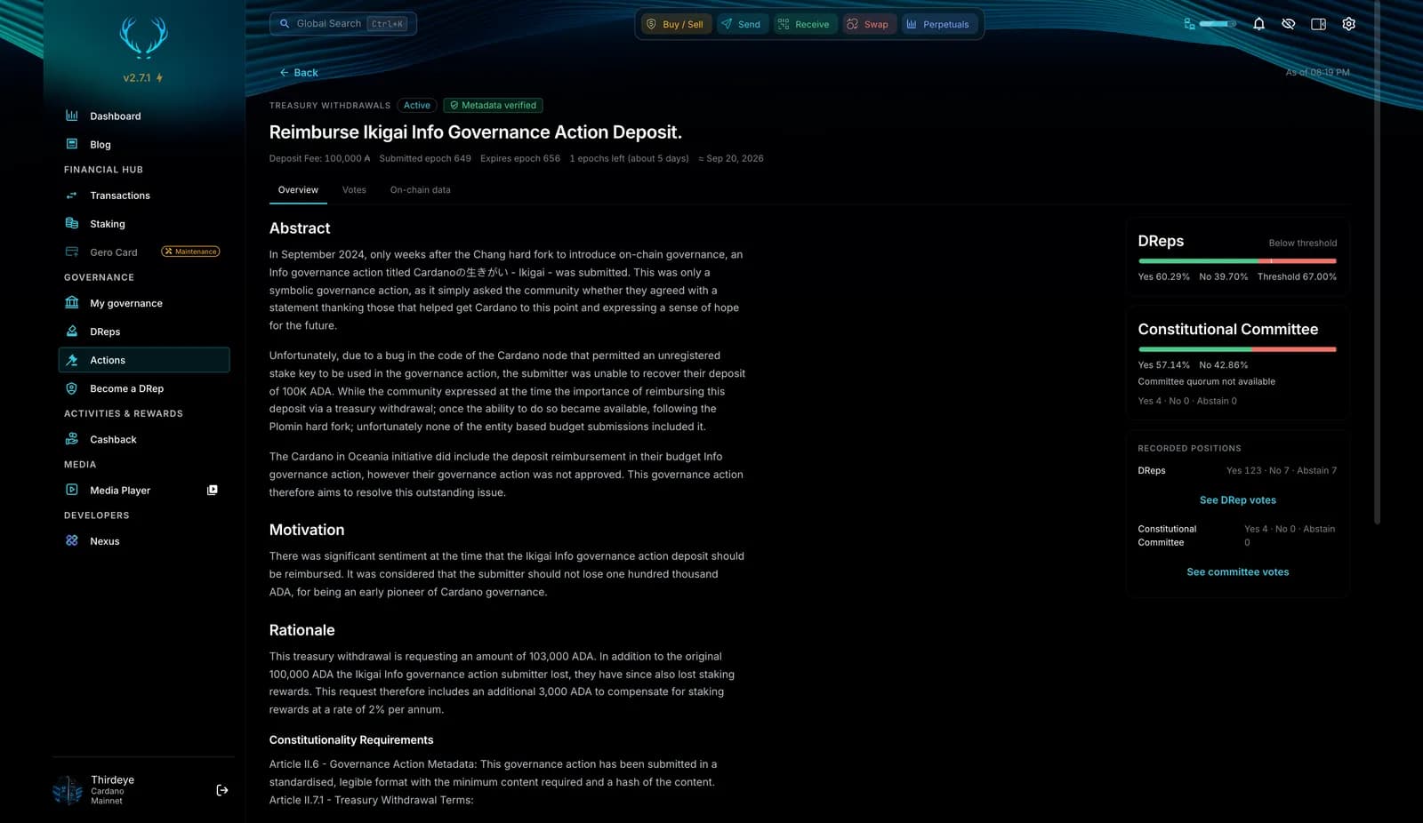 Governance action detail in Gero Dashboard 2.7.1 with the abstract, motivation and rationale, a metadata verified badge, and DRep and Constitutional Committee tallies against their thresholds