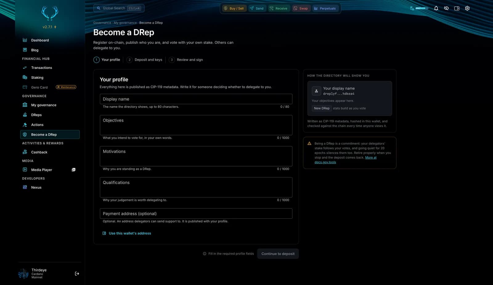 Become a DRep in Gero Dashboard 2.7.1, step one of three: the CIP-119 profile with display name, objectives, motivations, qualifications and payment address