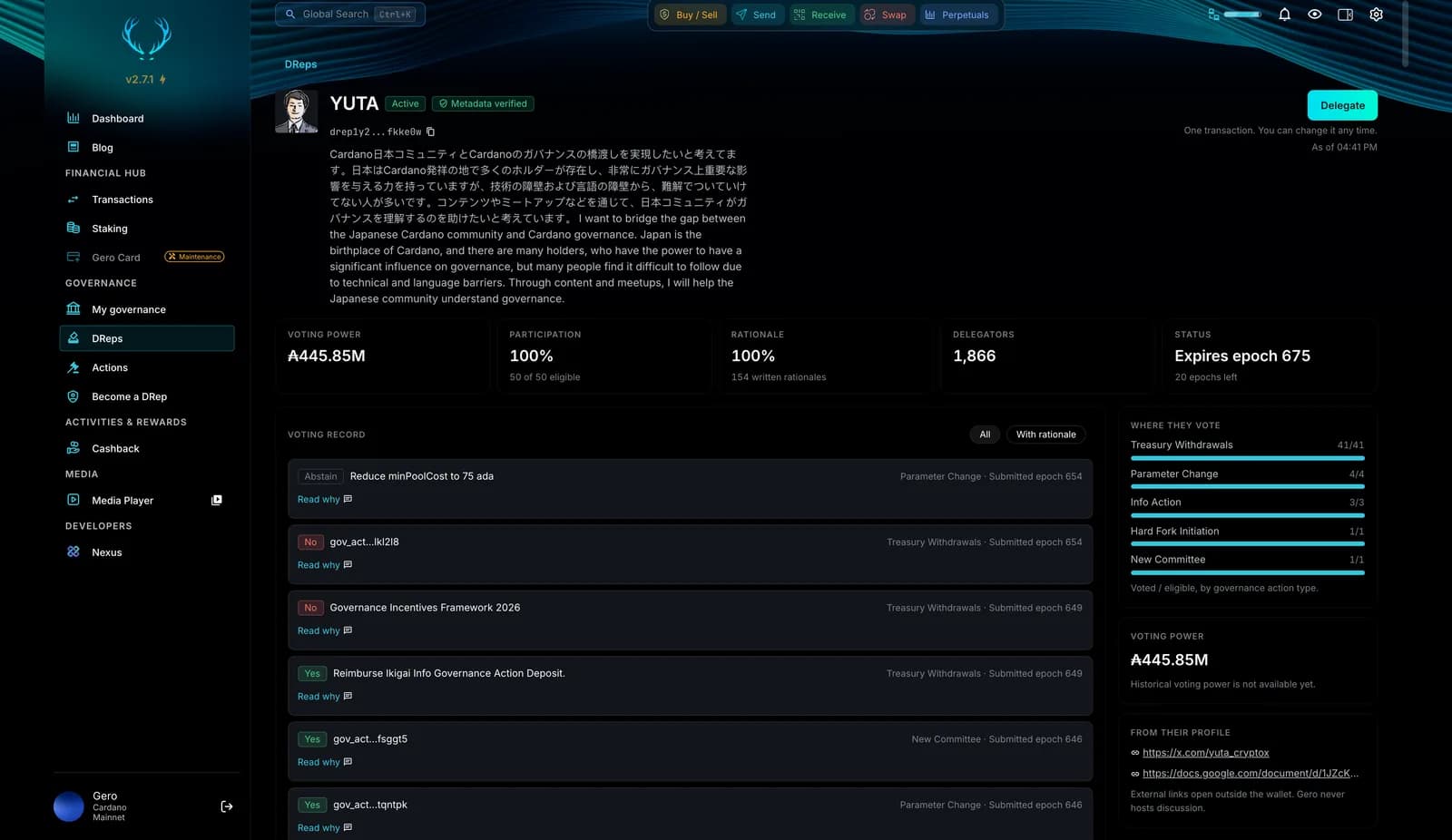 DRep profile in Gero Dashboard 2.7.1: participation, rationales given, voting power, where they vote by action type, and the voting record with Read why on each vote