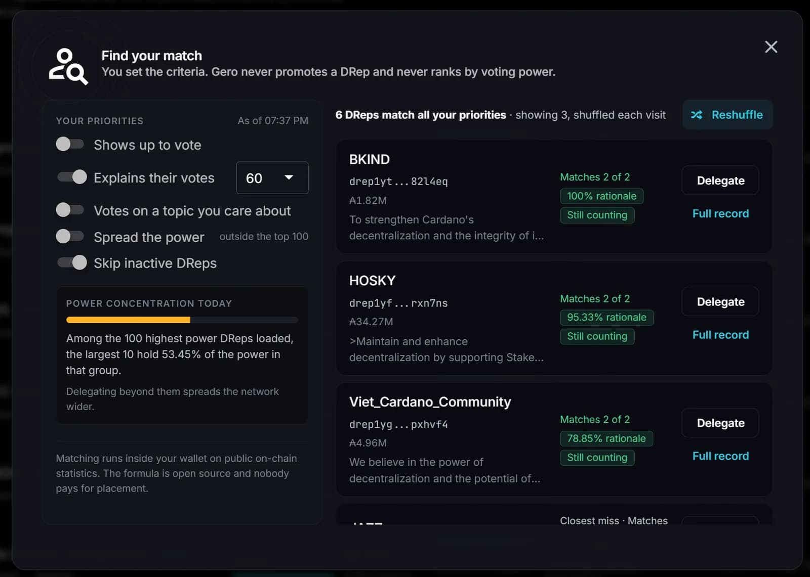 Find your match dialog in Gero Dashboard 2.7.1: priority toggles for showing up to vote, explaining votes, topic and spreading the power, a power concentration meter, and three matching DReps with their rationale rate, Delegate and Full record buttons