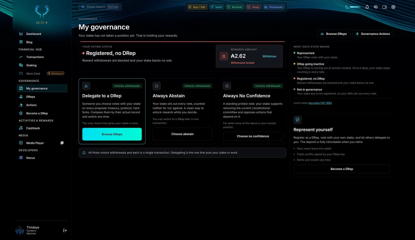 My governance page in Gero Dashboard 2.7.1 showing the voting status, the three choices to delegate to a DRep, always abstain or always no confidence, and the Represent yourself card