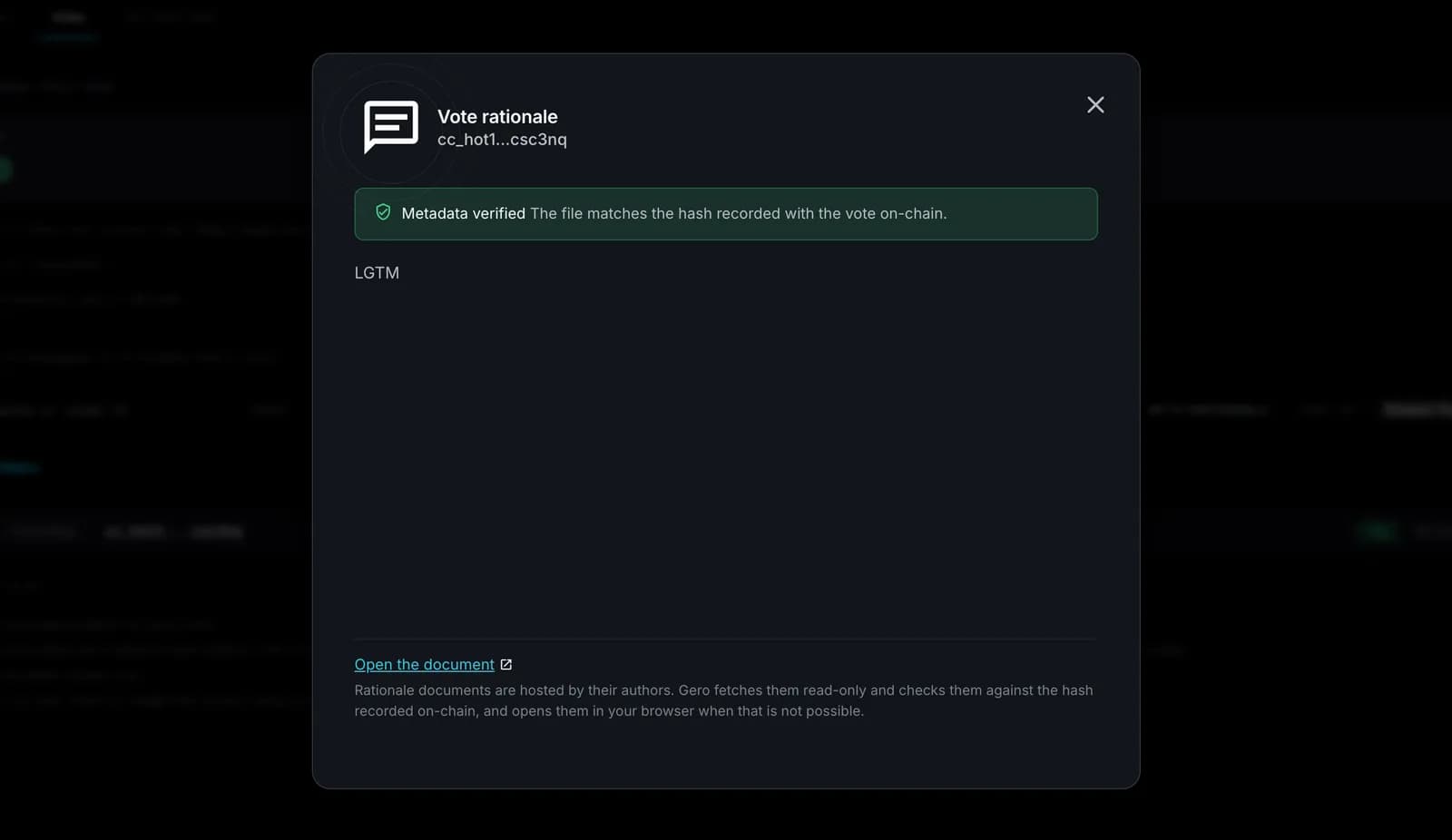 Vote rationale dialog in Gero Dashboard 2.7.1 with the Metadata verified banner confirming the file matches the hash recorded with the vote on-chain, the rationale text and a link to open the document
