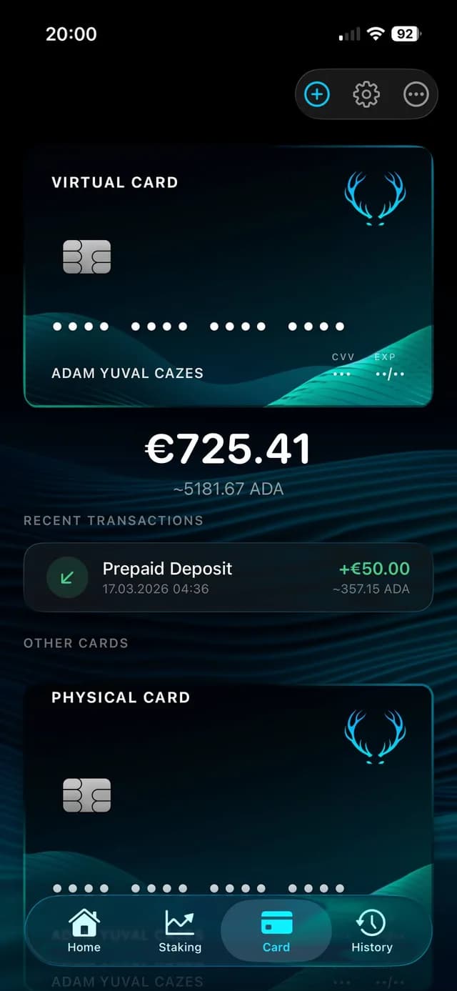 GeroWallet iOS app Card tab showing virtual and physical Gero Cards with EUR balance and recent top-up