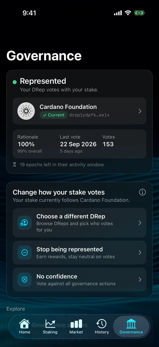 GeroWallet iOS governance screen showing the delegated DRep, its voting record and delegation options