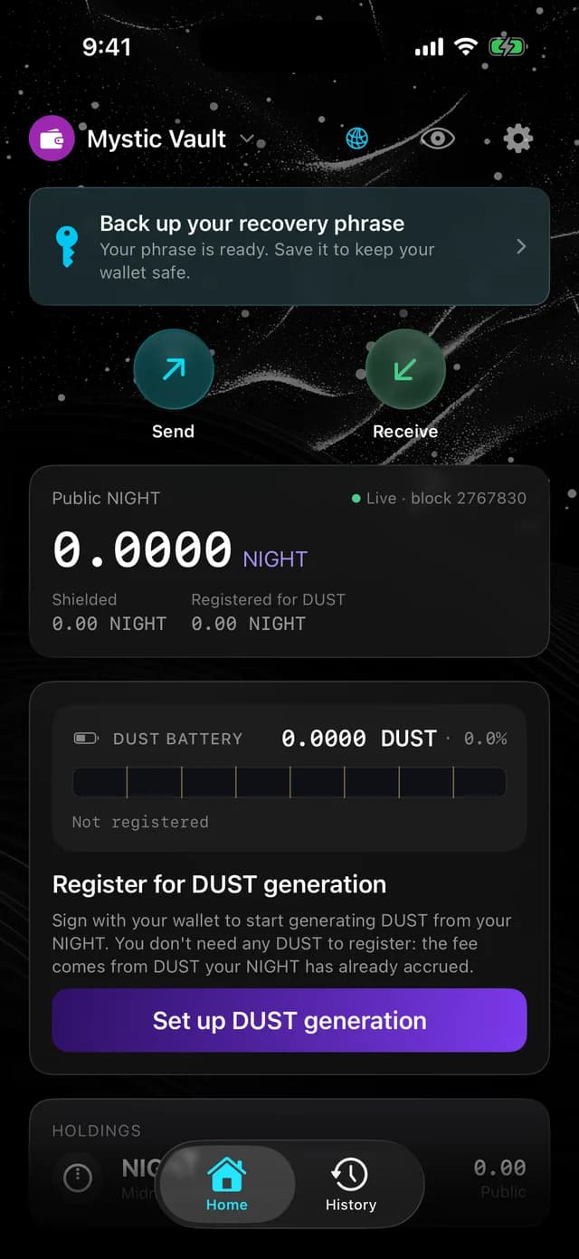 GeroWallet iOS Midnight wallet screen with the NIGHT balance and the DUST battery