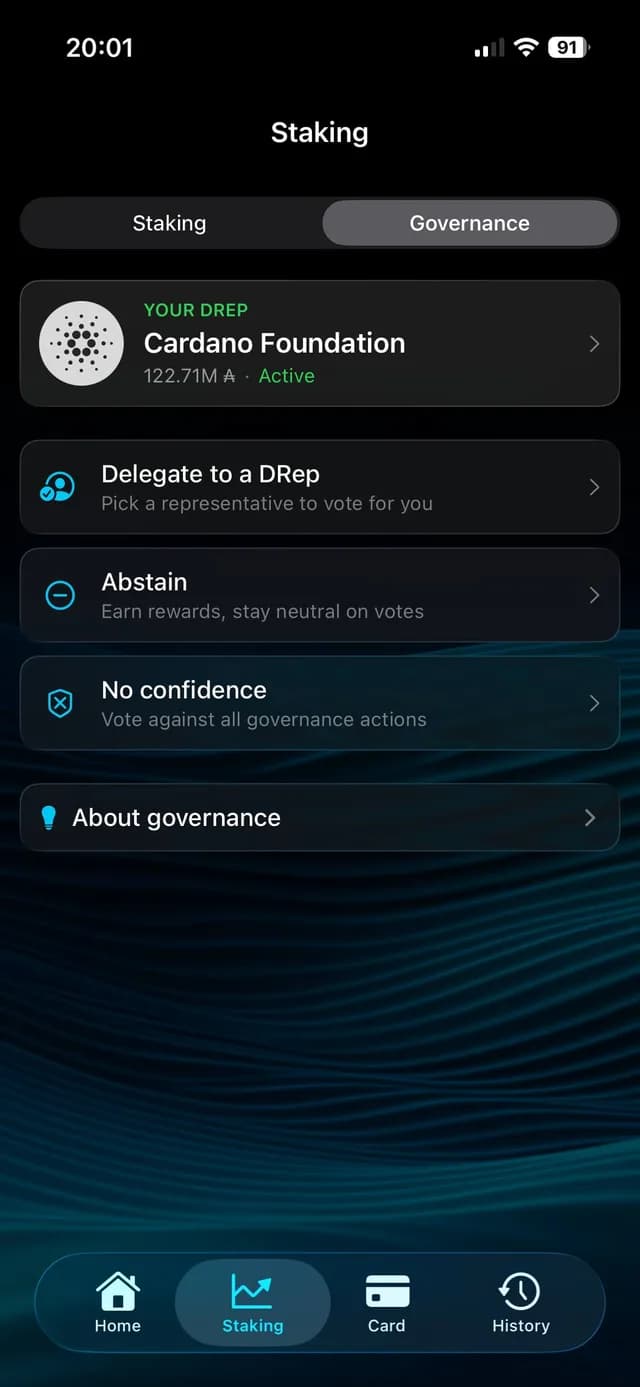 GeroWallet iOS staking and governance screen with DRep delegation options