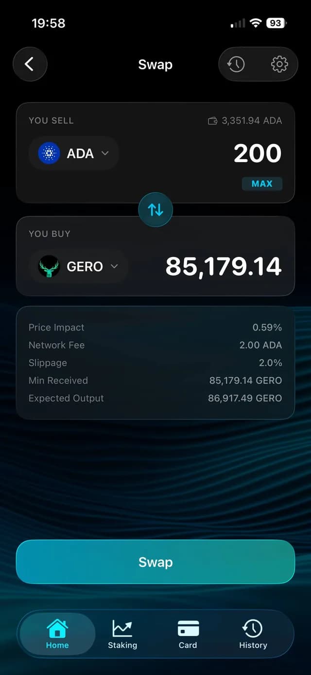 GeroWallet iOS swap screen exchanging ADA for GERO with fee breakdown